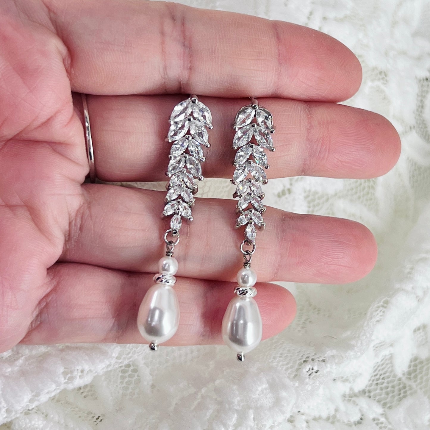 Wedding Bridal Silver Cubic Marquise and Pearl Earrings