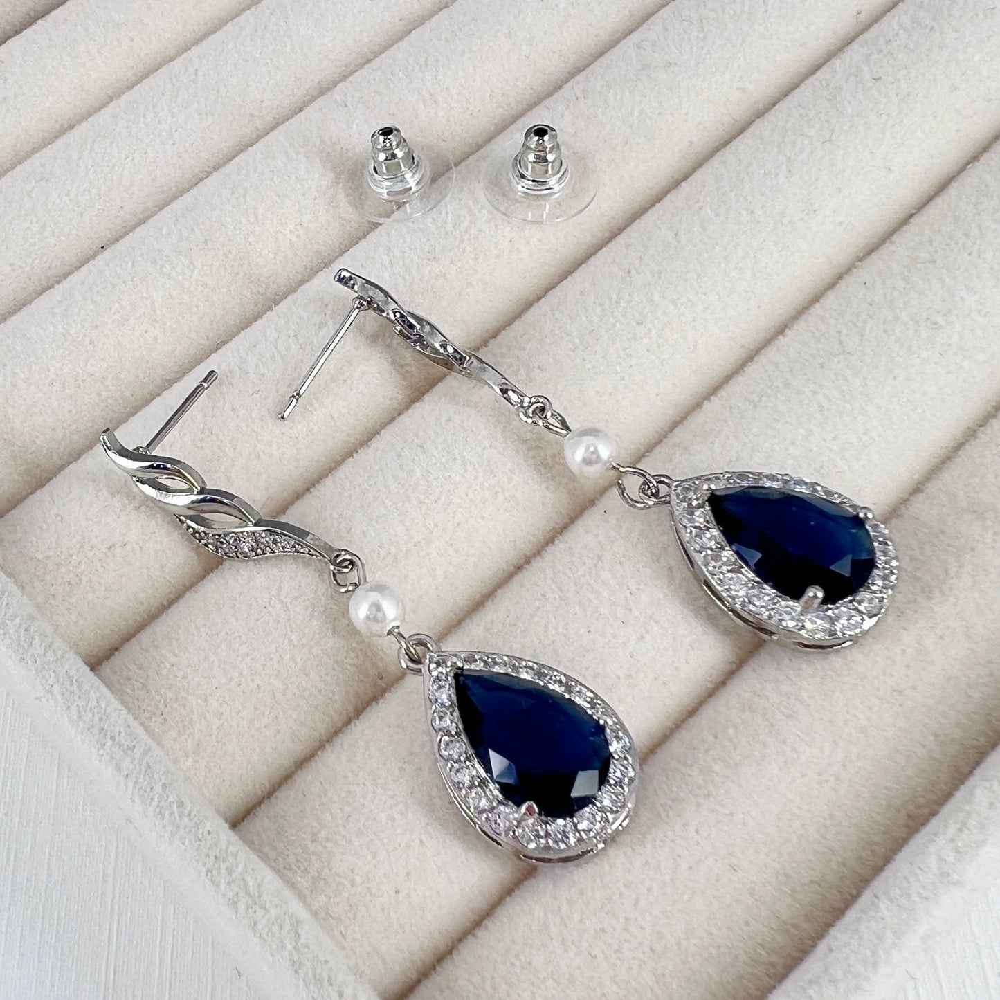 Bridal Wedding Sapphire Blue Teardrop Crystal Earrings