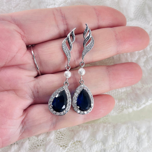 Bridal Wedding Sapphire Blue Teardrop Crystal Earrings
