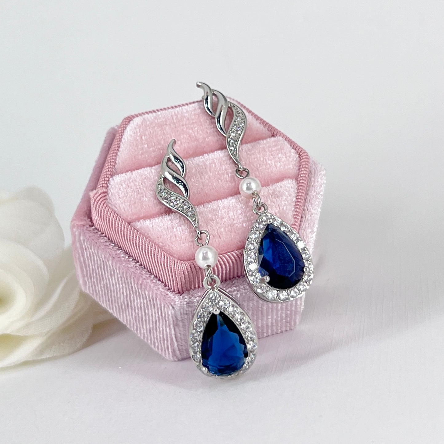 Bridal Wedding Sapphire Blue Teardrop Crystal Earrings