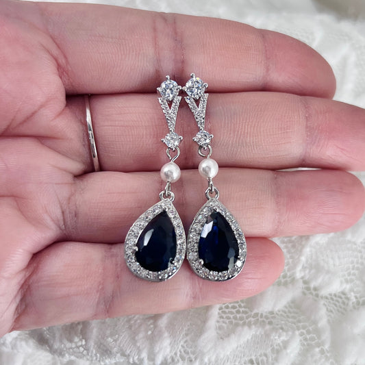 Bridal Wedding Sapphire Blue Teardrop Crystal Earrings