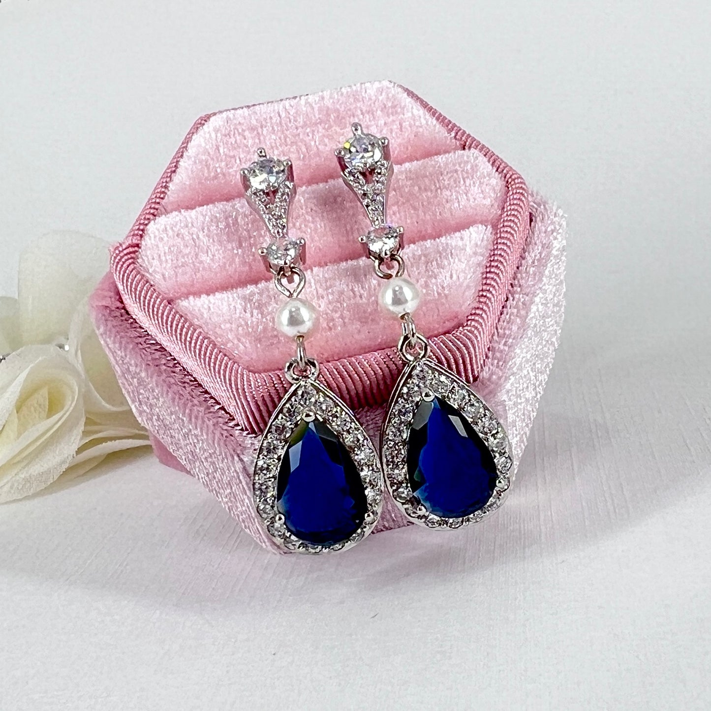Bridal Wedding Sapphire Blue Teardrop Crystal Earrings