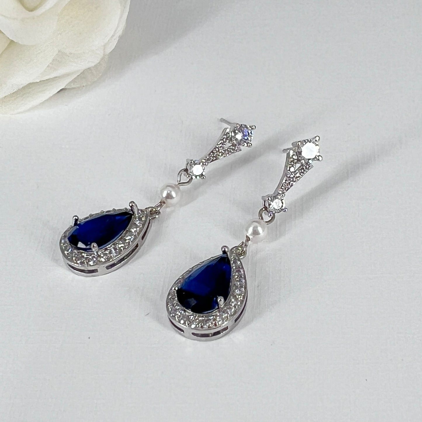 Bridal Wedding Sapphire Blue Teardrop Crystal Earrings