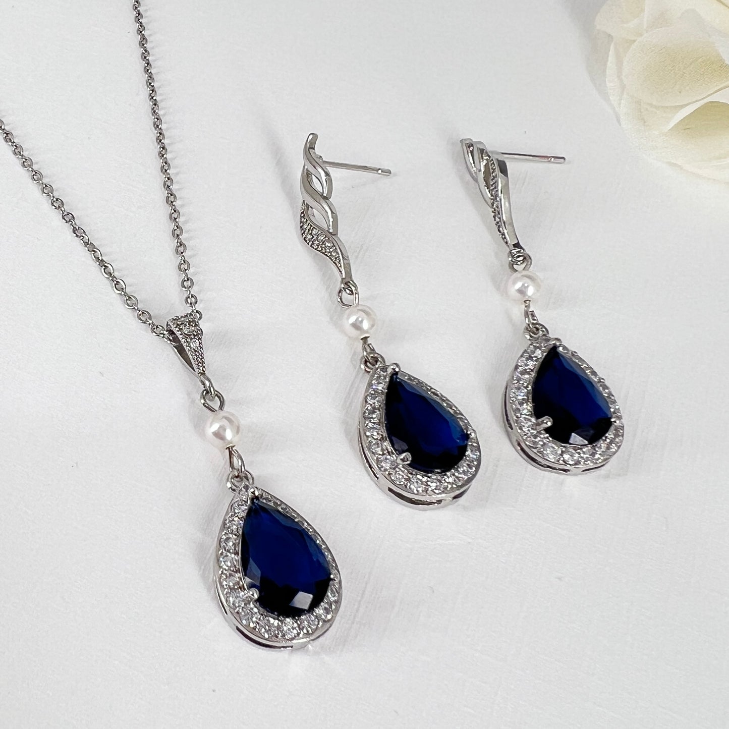 Bridal Wedding Sapphire Blue Teardrop Crystal Earrings