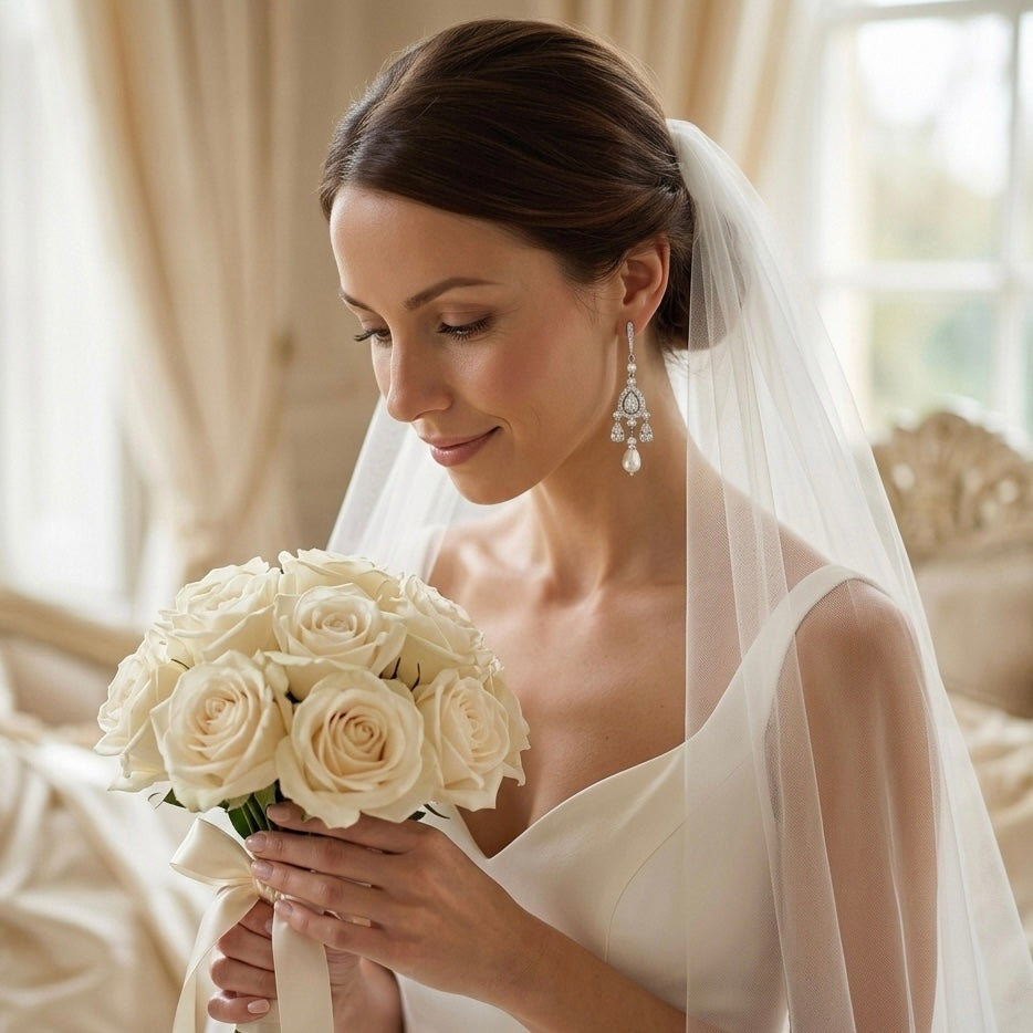 Wedding Bridal Chandelier Earrings with Crystal and Pearl