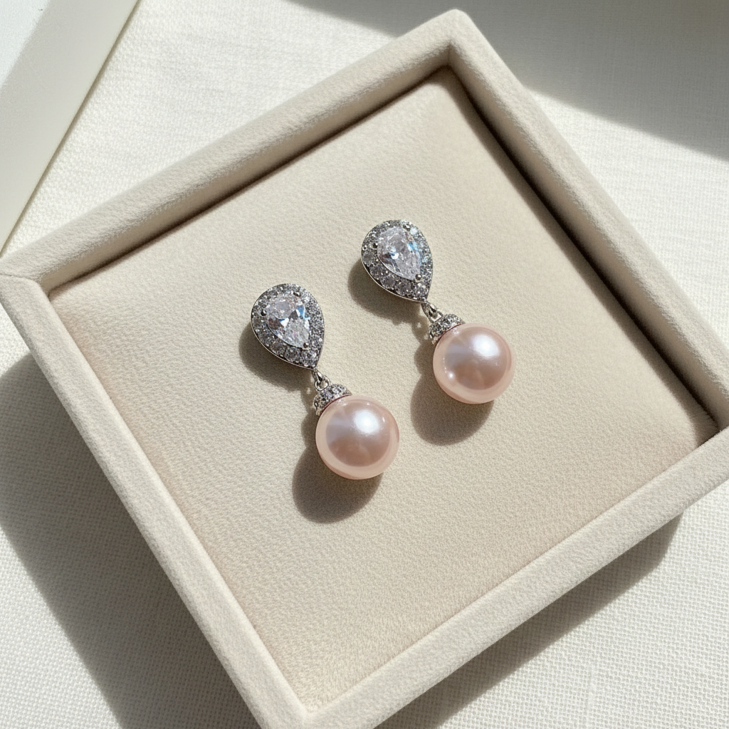 Wedding Bridal Bridesmaids CZ Classic 10mm Pink Pearl Dangle Earrings