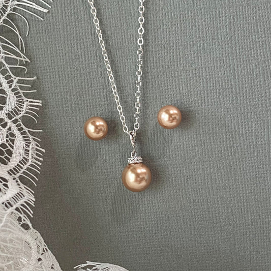 Lauren 2pcs CZ Rose Gold Pearl Necklace and Stud Earrings Set