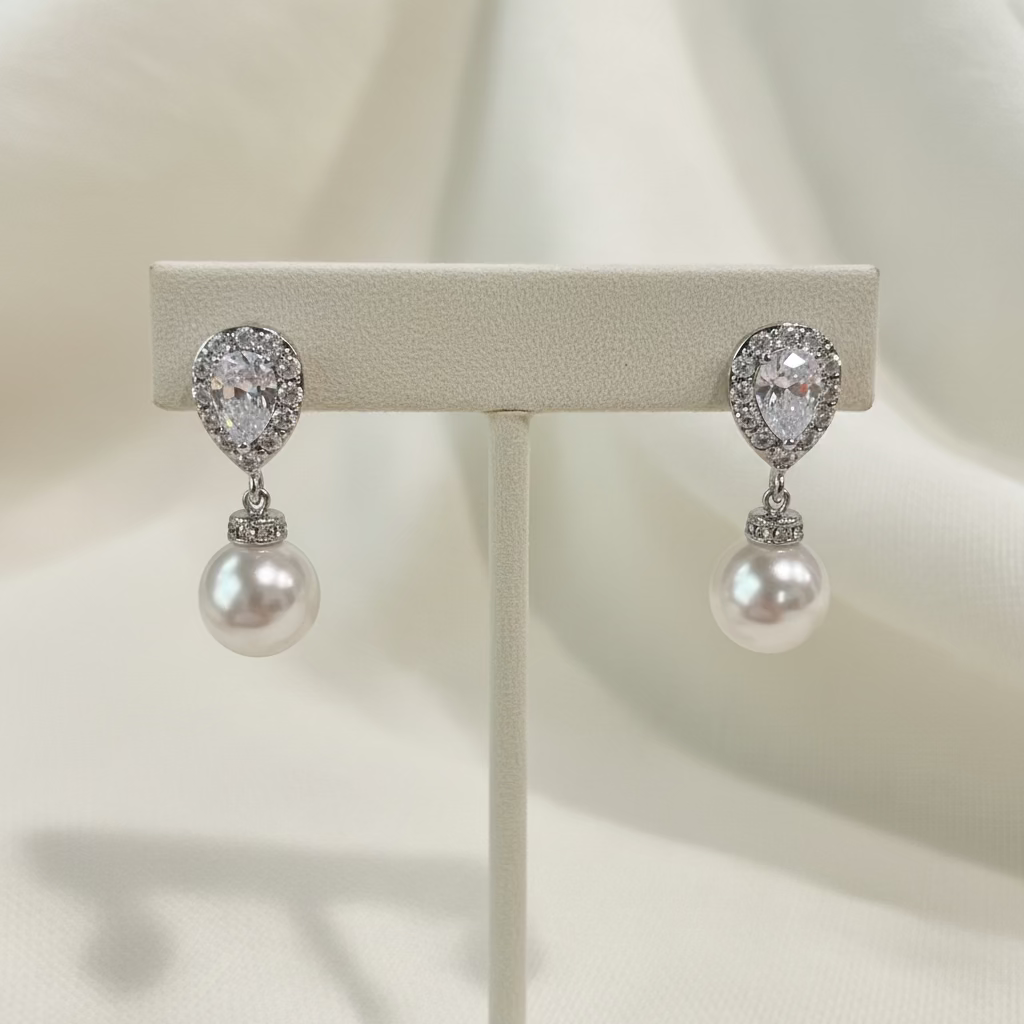 Wedding Bridal 2pcs CZ Pearl Necklace and Earrings Set
