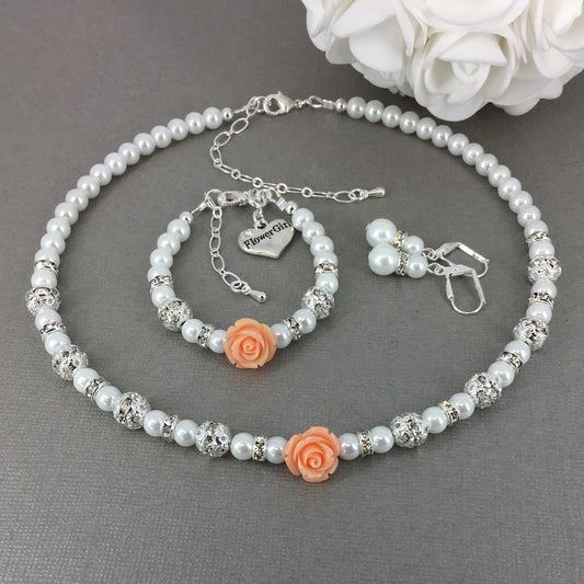 Peach Resin Rose Pearl Necklace Flower Girl Charm Bracelet Earrings