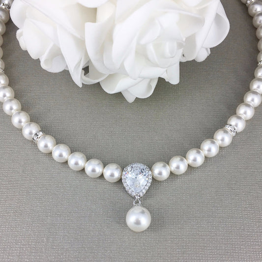 Bridal Elegant Wedding Bridal Austrian White Crystal Pearl Necklace