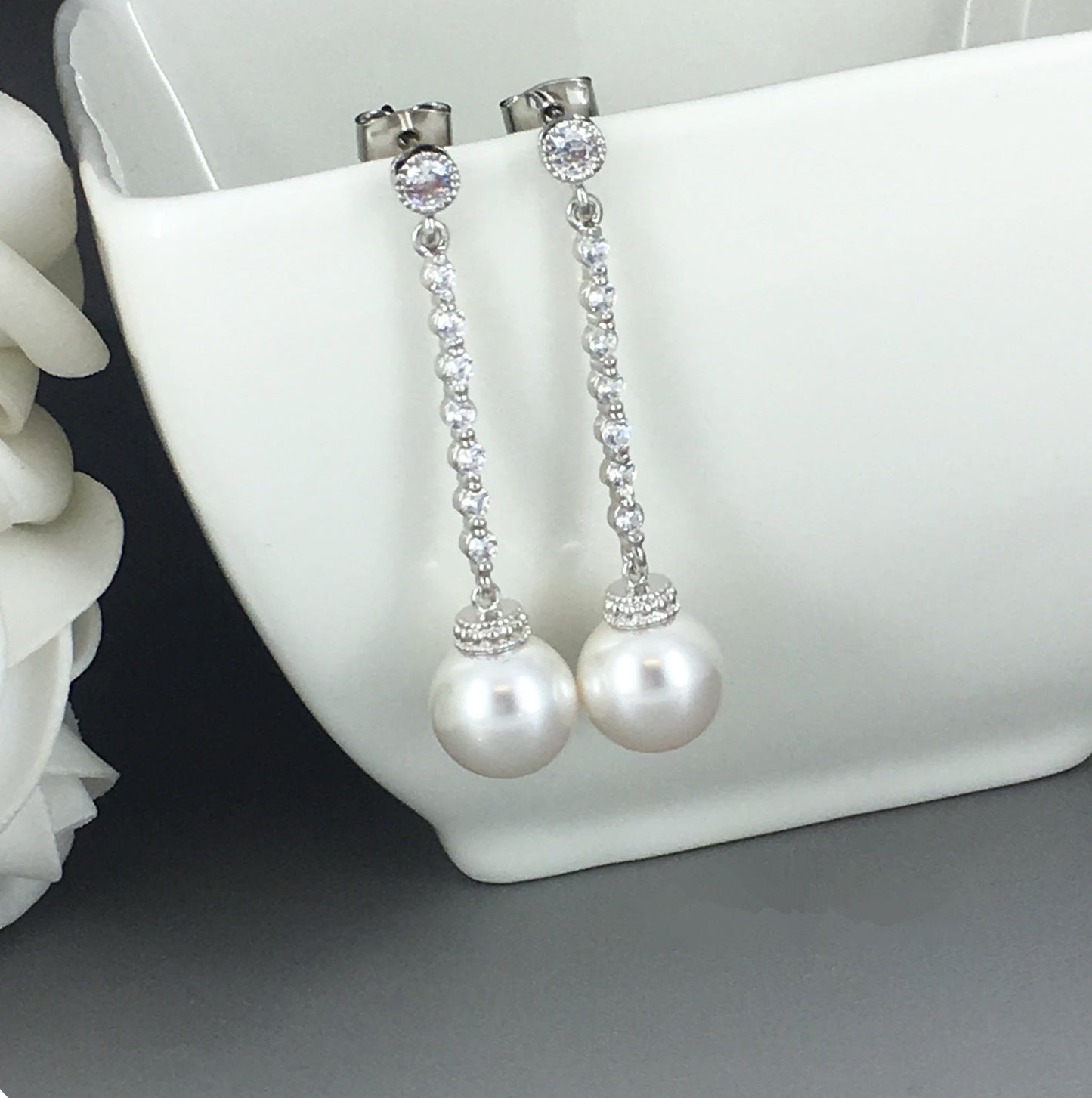 Wedding Bridal Silver Linear Pearl Long Dangle Earrings