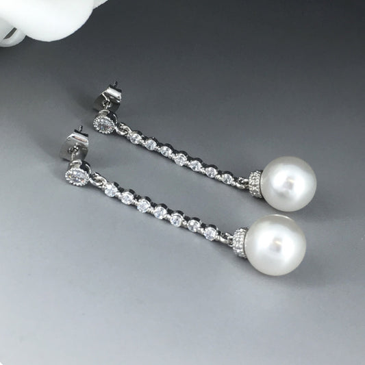 Wedding Bridal Silver Linear Pearl Long Dangle Earrings