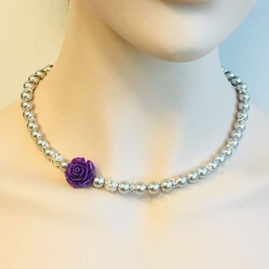 Amethyst Purple Flower Rose Light Gray Pearl Necklace Bracelet Earrings