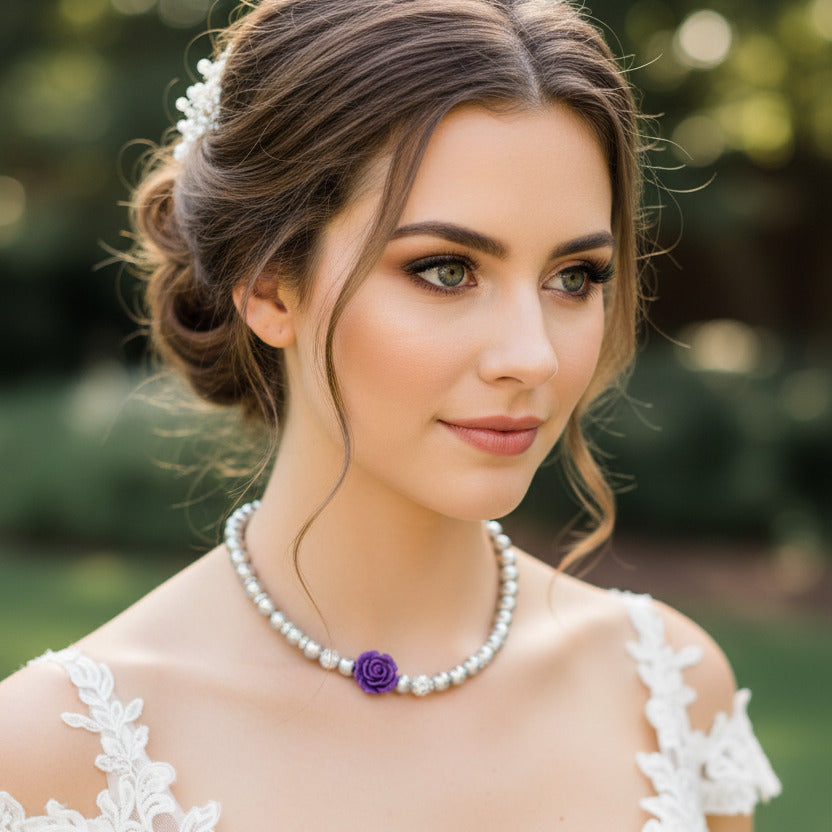 Amethyst Purple Flower Rose Light Gray Pearl Necklace Bracelet Earrings