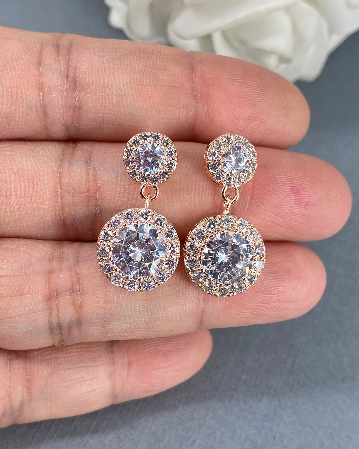 Wedding Bridal Cubic Rose Gold Circle Drop Earrings