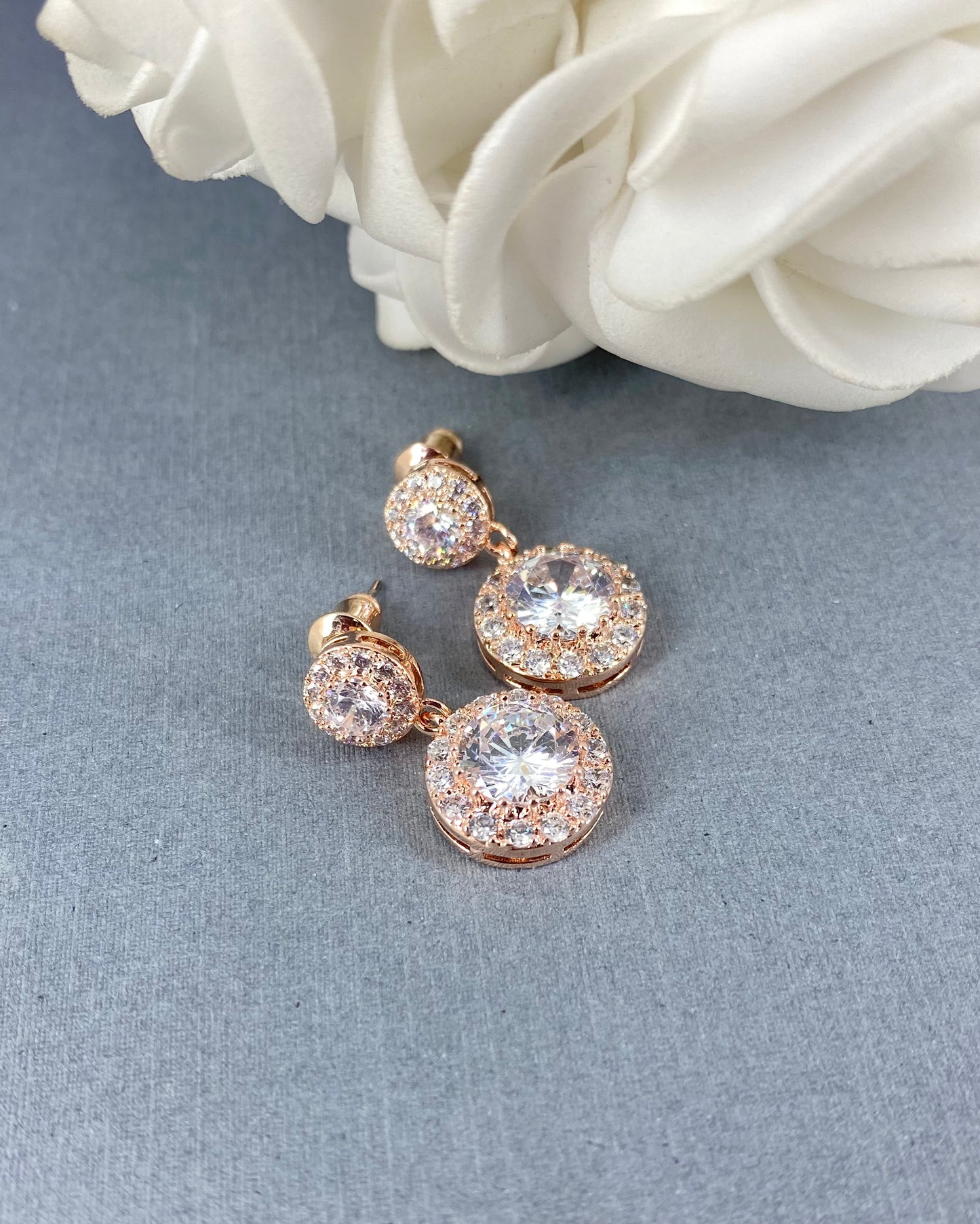 Wedding Bridal Cubic Rose Gold Circle Drop Earrings