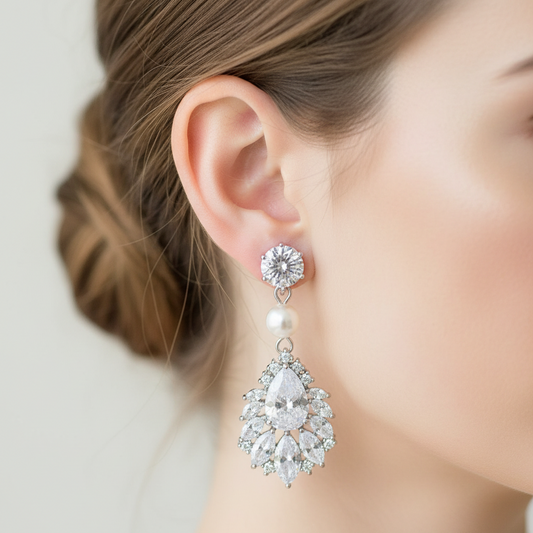 Wedding Bridal Marquise Pearl Clip-on Statement Earrings
