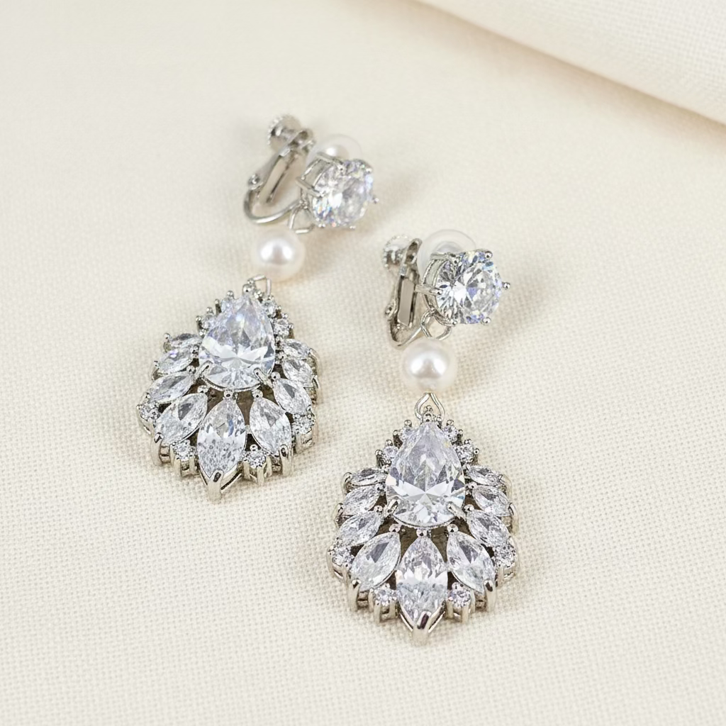 Wedding Bridal Marquise Pearl Clip-on Statement Earrings