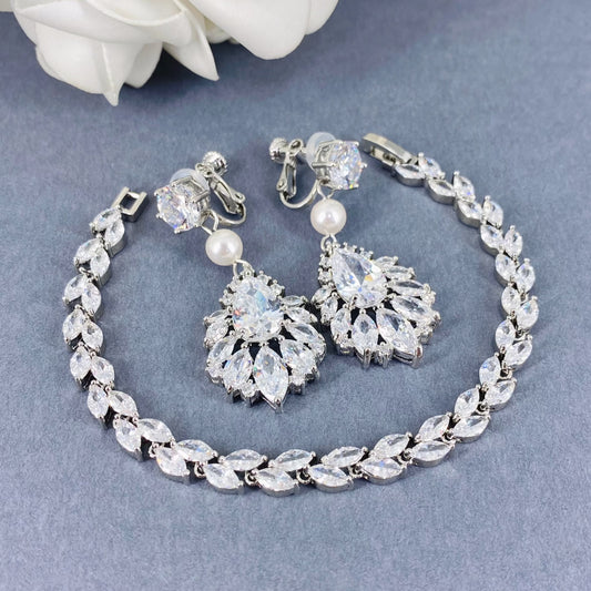 Wedding Bridal 3pcs CZ Marquise Pearl Clip-on Earrings Jewelry Set