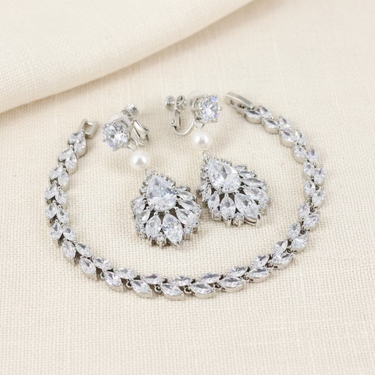 Wedding Bridal 3pcs CZ Marquise Pearl Clip-on Earrings Jewelry Set