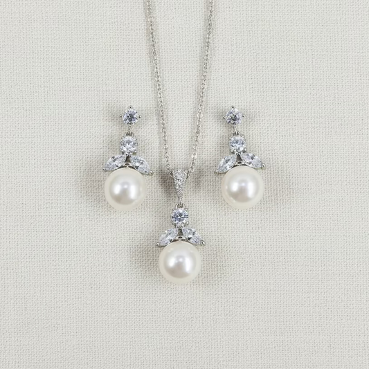 Wedding Bridal 3pcs CZ Floral and Pearl Jewelry Set