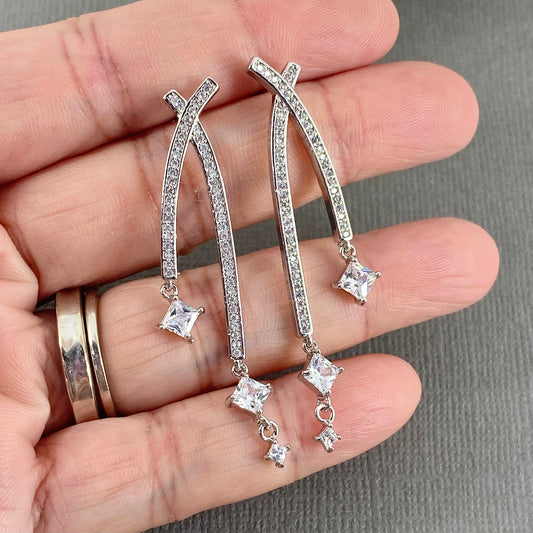 Wedding Bridal CZ Linear Long Earrings