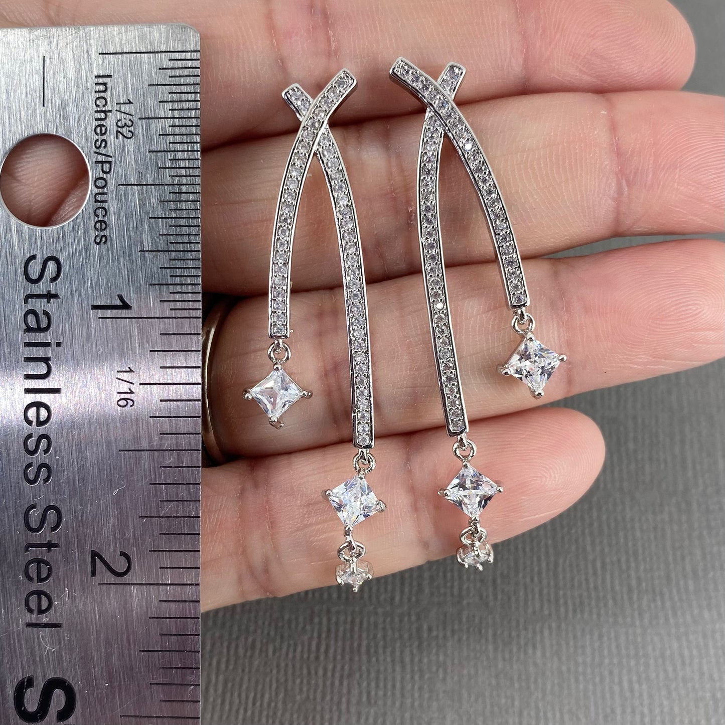 Wedding Bridal CZ Linear Long Earrings