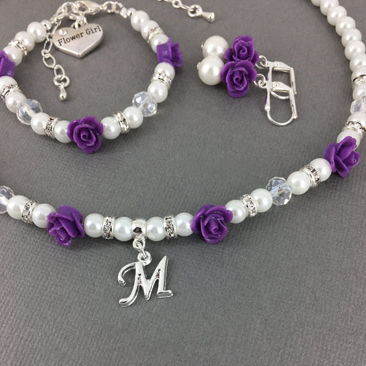 Initial Charm and Plum Purple Rose Necklace Flower Girl Bracelet Earrings