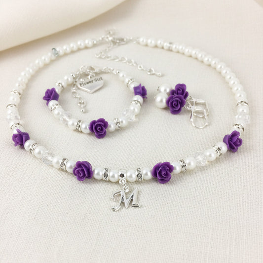 Initial Charm and Plum Purple Rose Necklace Flower Girl Bracelet Earrings