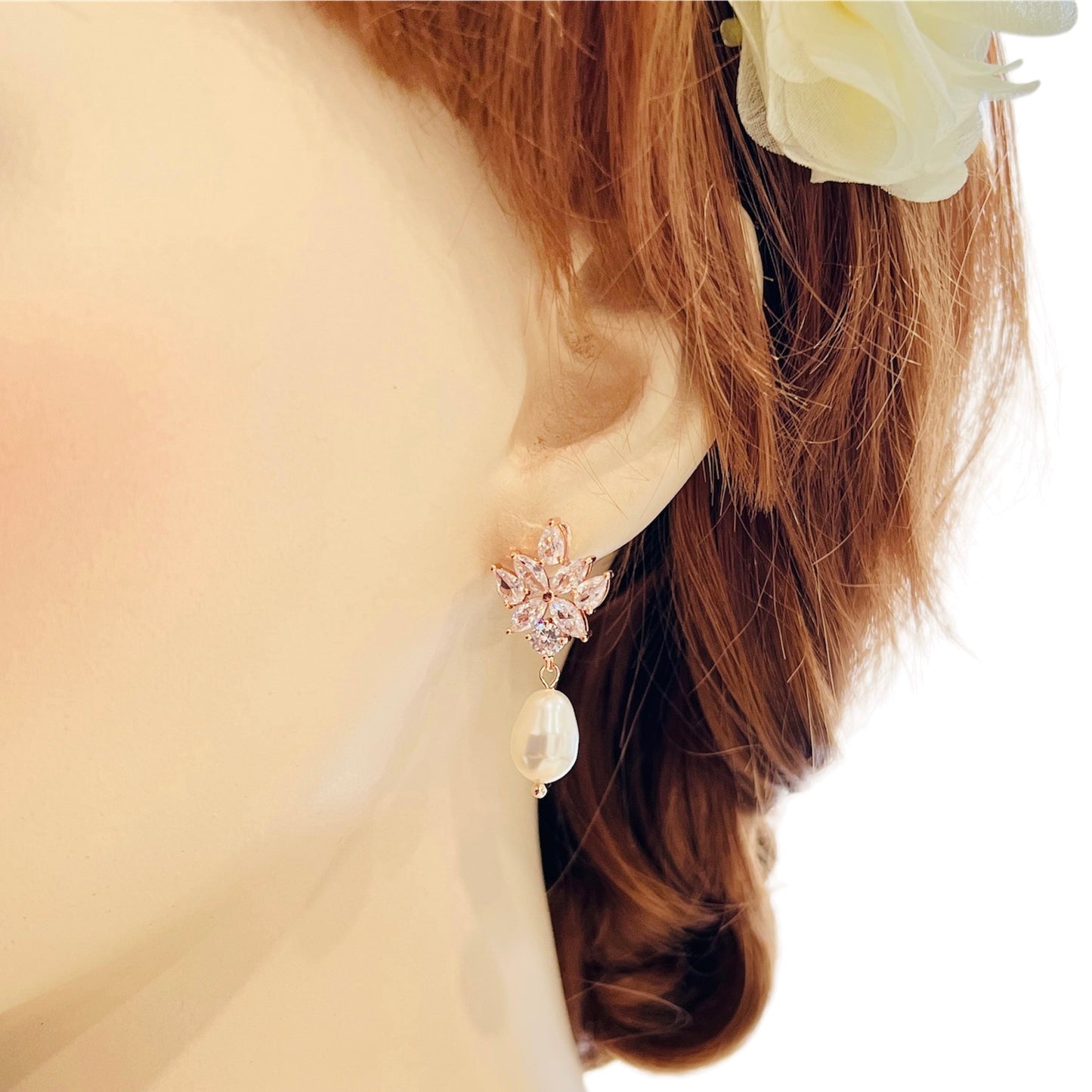 Wedding Bridal 2pcs CZ Floral and Pearl Backdrop Necklace and Earrings Set