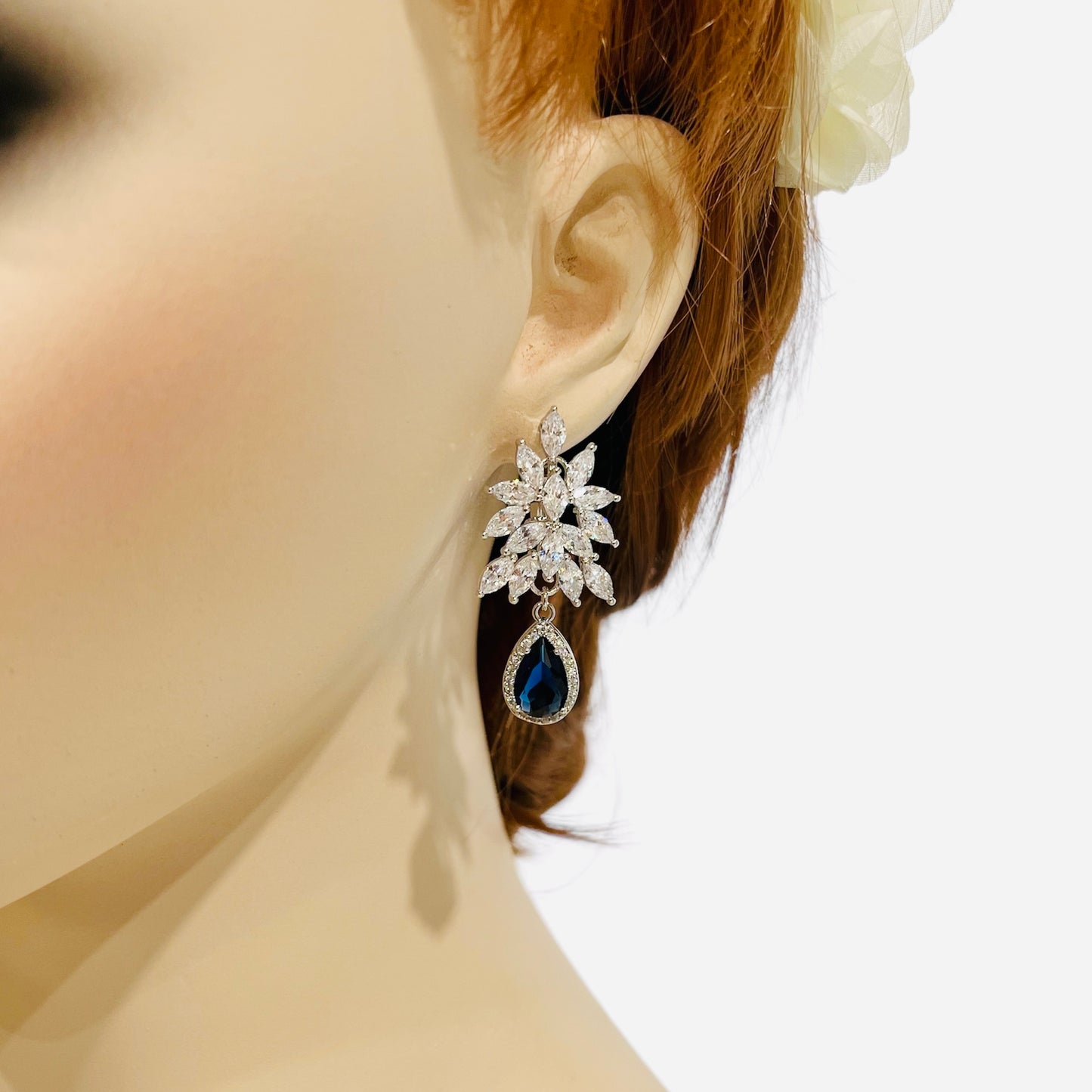 Wedding Bridal Something Blue CZ Teardrop Clip-on Earrings