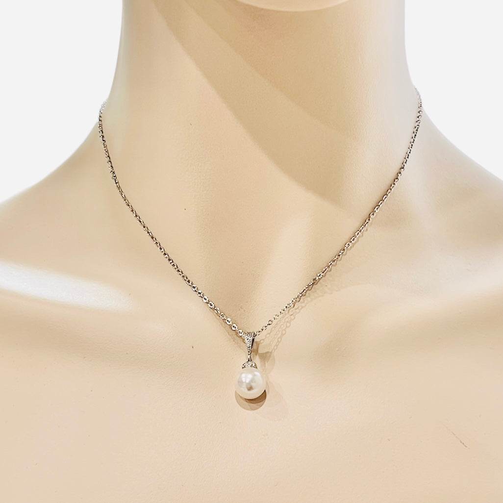 Simple Austrian White Crystal Pearl Wedding Bridal Necklace