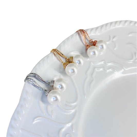 Wedding Bridal Classic White Pearl Necklace and Earrings Set - Silver, Rose Gold, 18K Gold