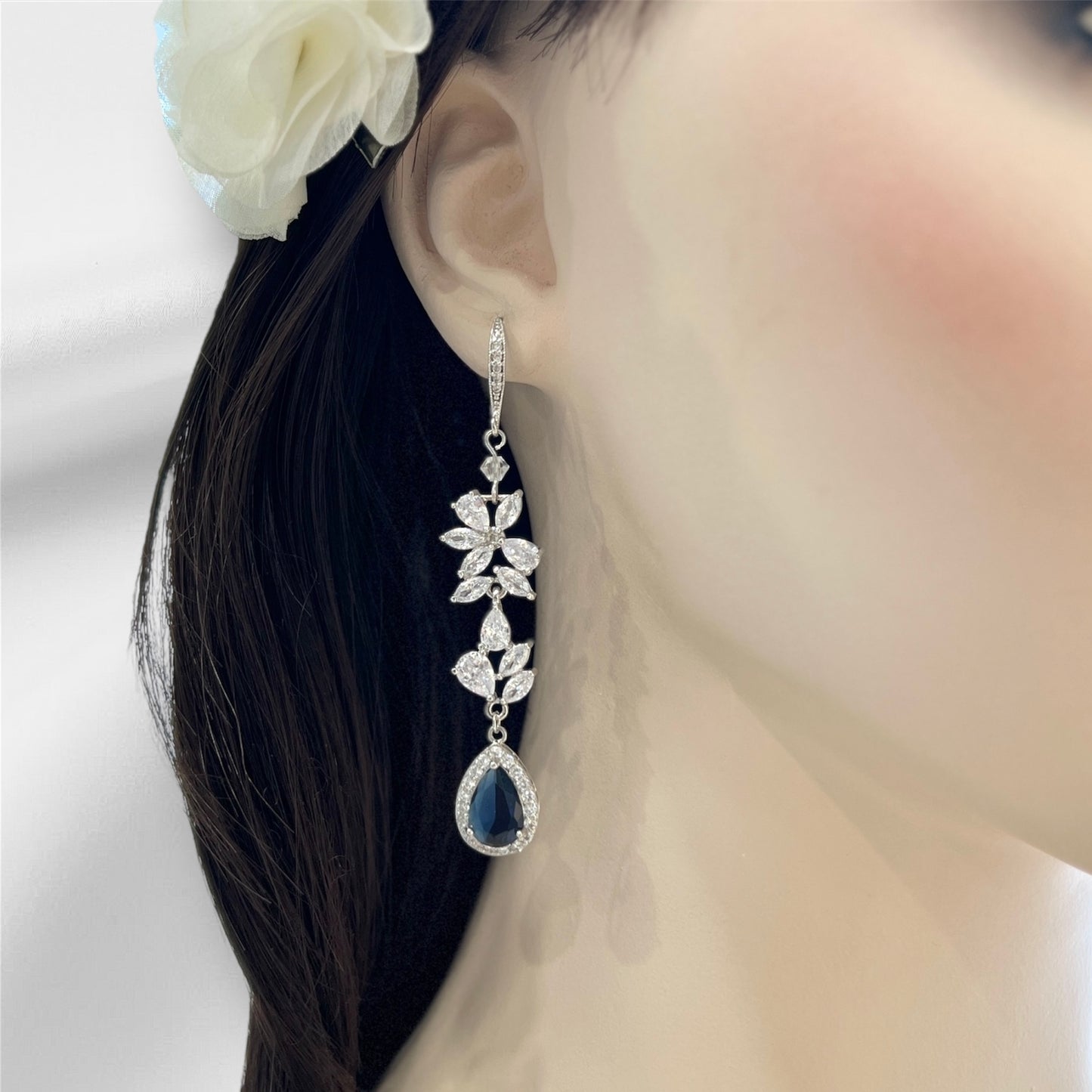 Bridal Wedding Sapphire Something Blue Teardrop Long Earrings