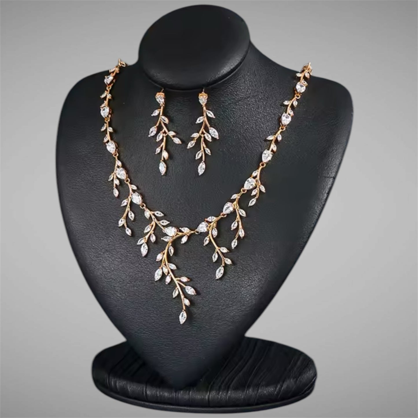 Wedding Bridal 2pcs Rose Gold CZ Leaf Style Necklace and Earrings Set