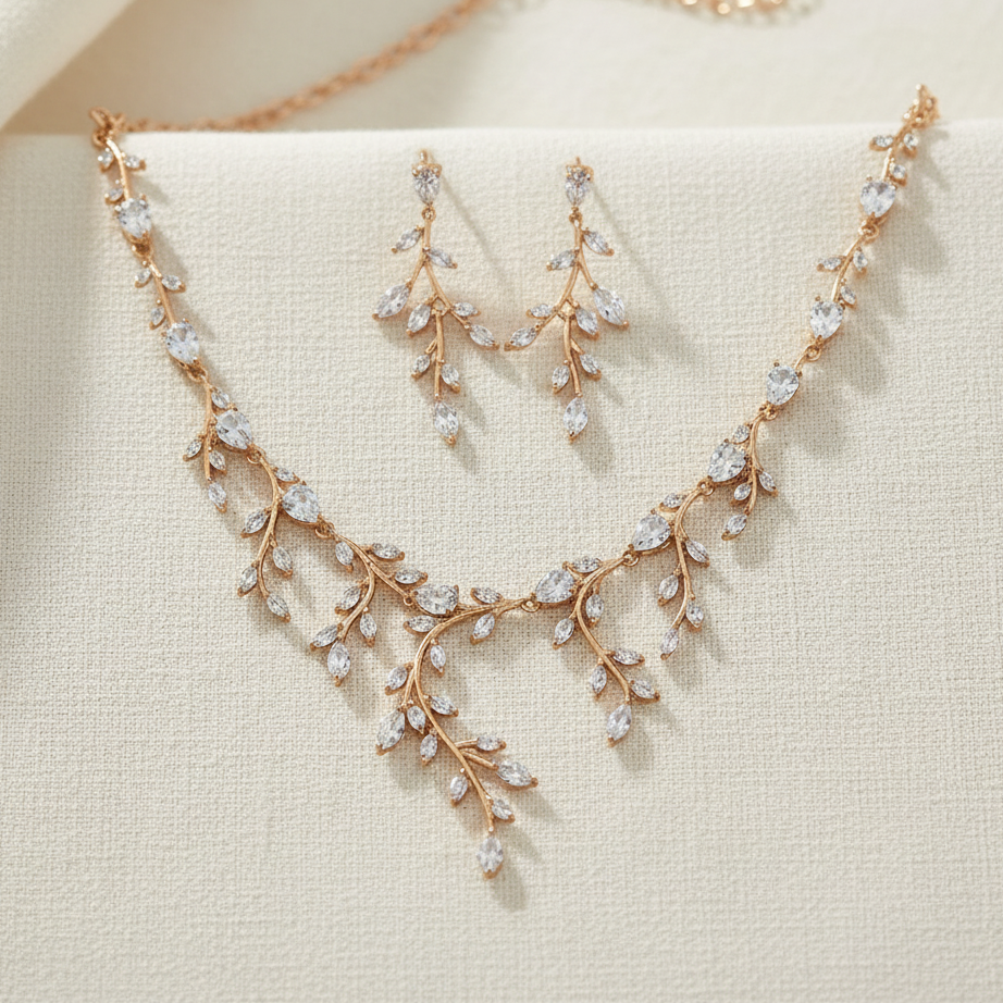 Wedding Bridal Rose Gold CZ Leaf Necklace and Earrings Set