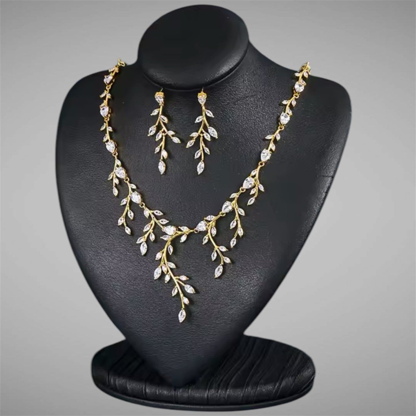 Wedding Bridal 2pcs 18K Gold-plated CZ Leaf Style Necklace and Earrings Set