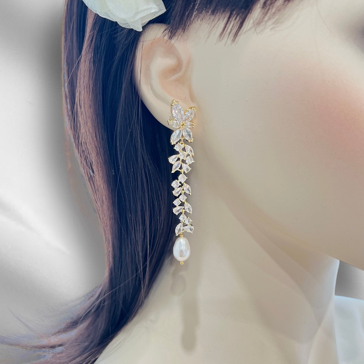 Earring worn on an ear with a blurred background