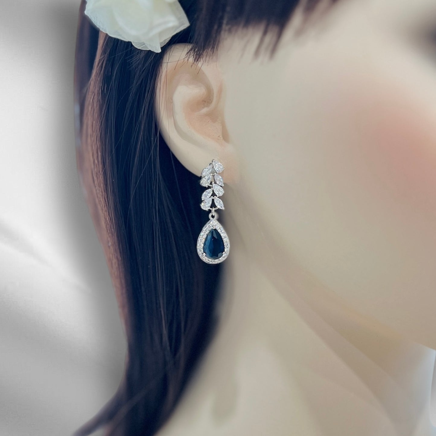 Floral Bridal Wedding Sapphire Blue Teardrop Earrings