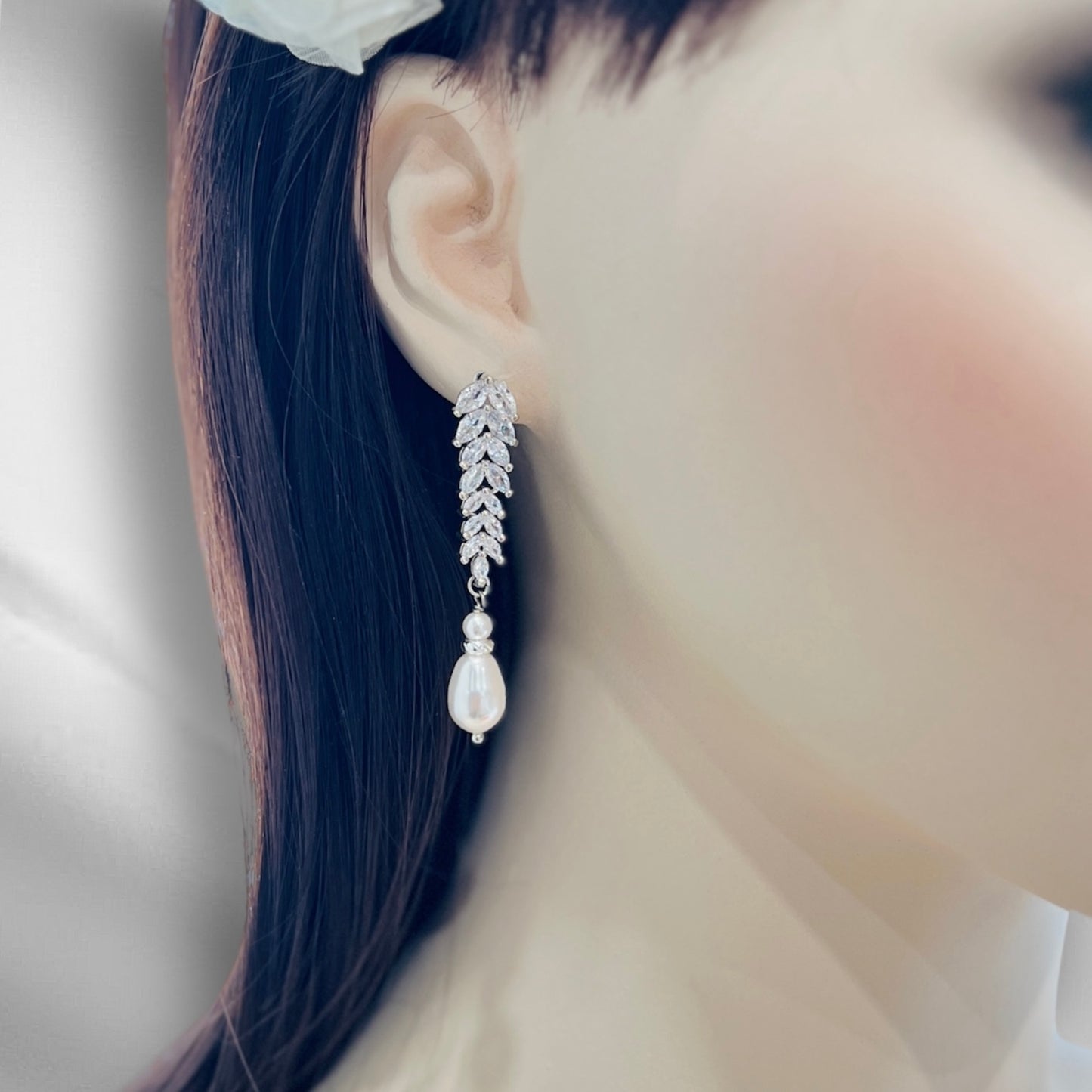 Wedding Bridal Silver Cubic Marquise and Pearl Earrings