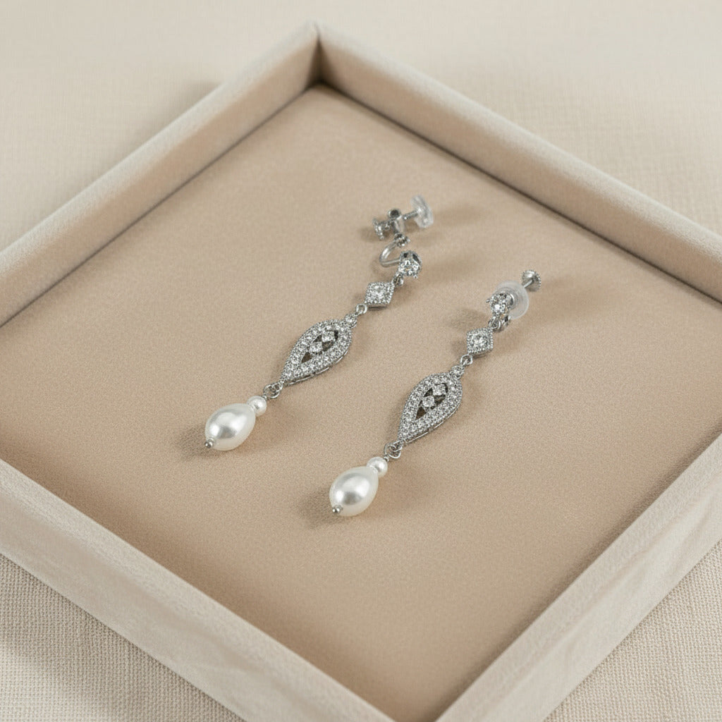 Bridal Crystal Pearl Long Clip On Earrings