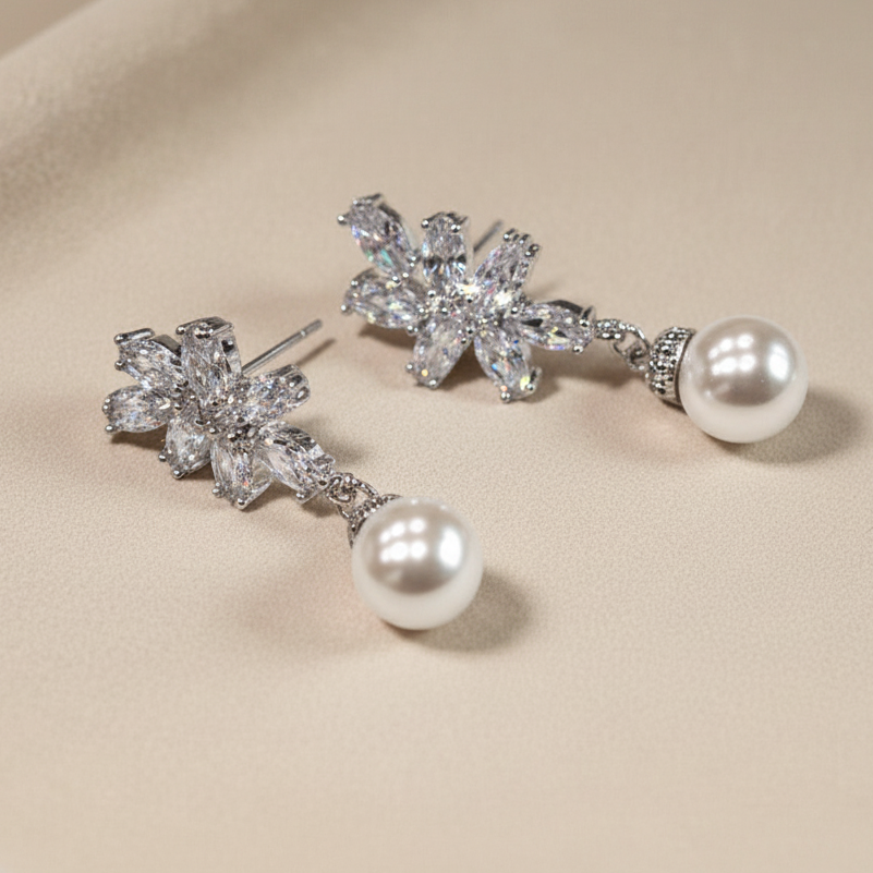 Bridal Earrings Crystal White Pearl Drop Earrings