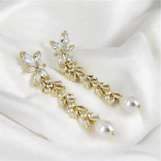 18K Gold Plated Bridal CZ Chandelier Long Pearl Dangle Wedding Earrings
