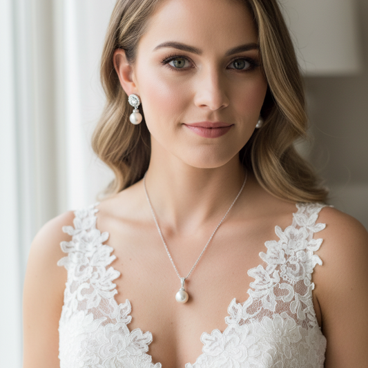 Elegant Bridal Wedding Classic Pearl Dangle Earrings Necklace Set