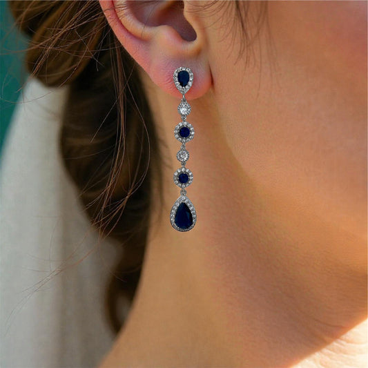 Blue Sapphire Teardrop Bridal Necklace and Earrings Jewelry Set