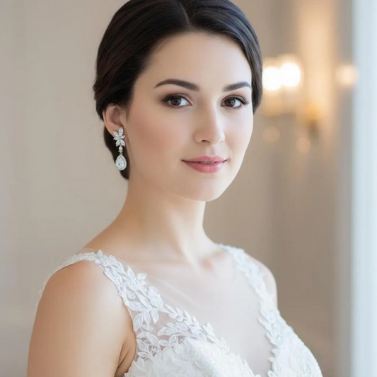 Teardrop pearl crystal drop earrings on bride