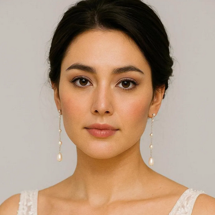 bride wearing a white lace top with pearl clip on earrings against a plain background