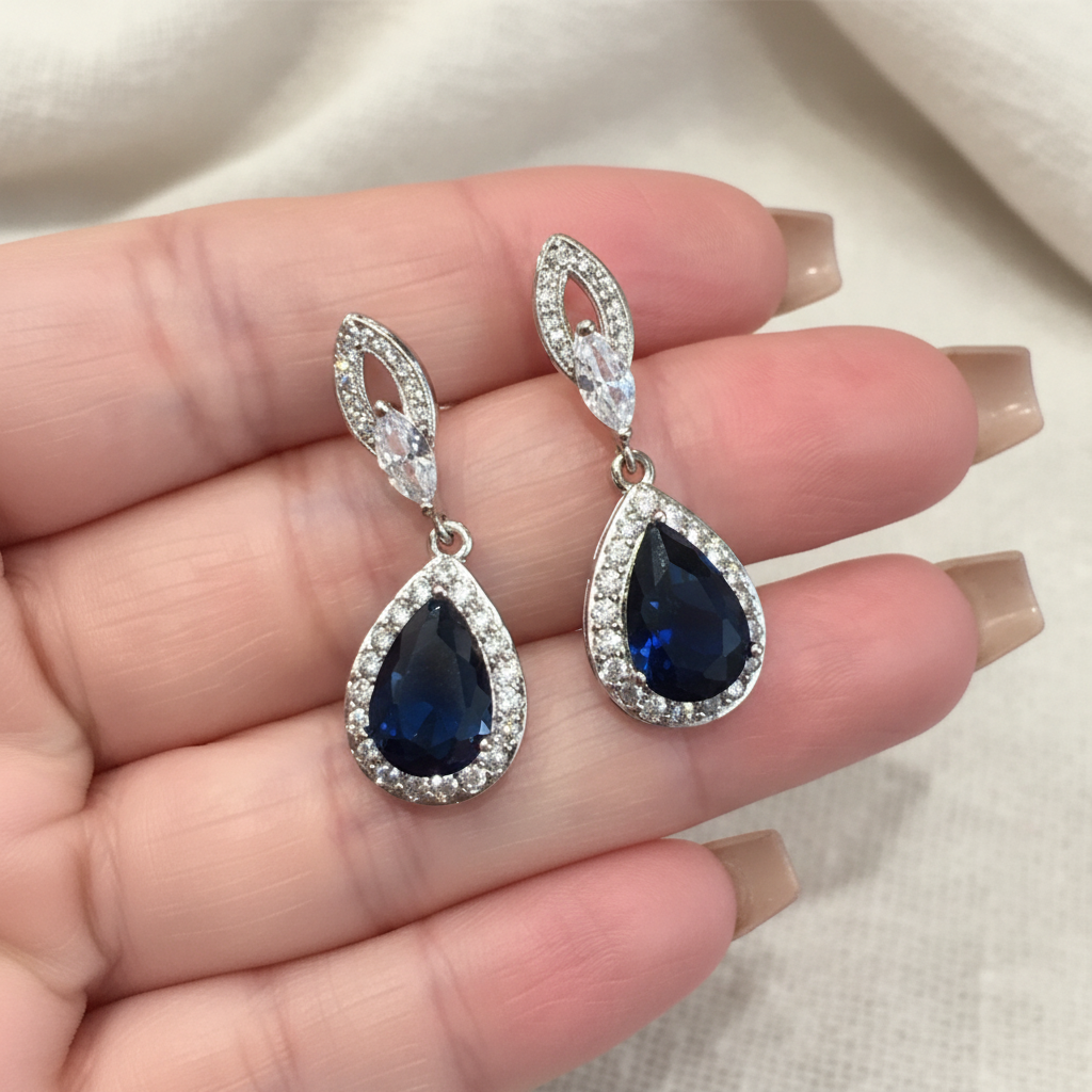 Something Blue Bridal Sapphire Teardrop Crystal Earrings
