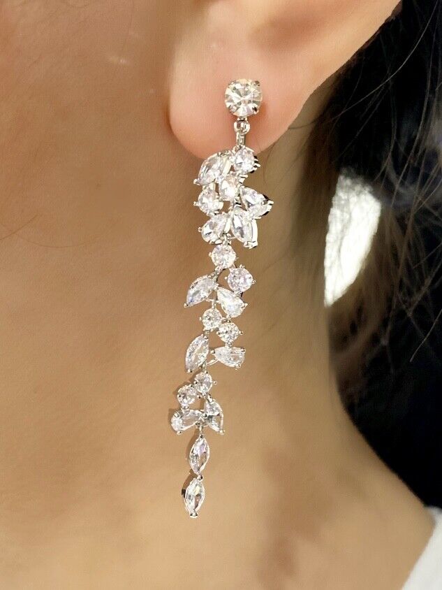 Wedding Bridal Cubic Marquise Long Clip-on Earrings