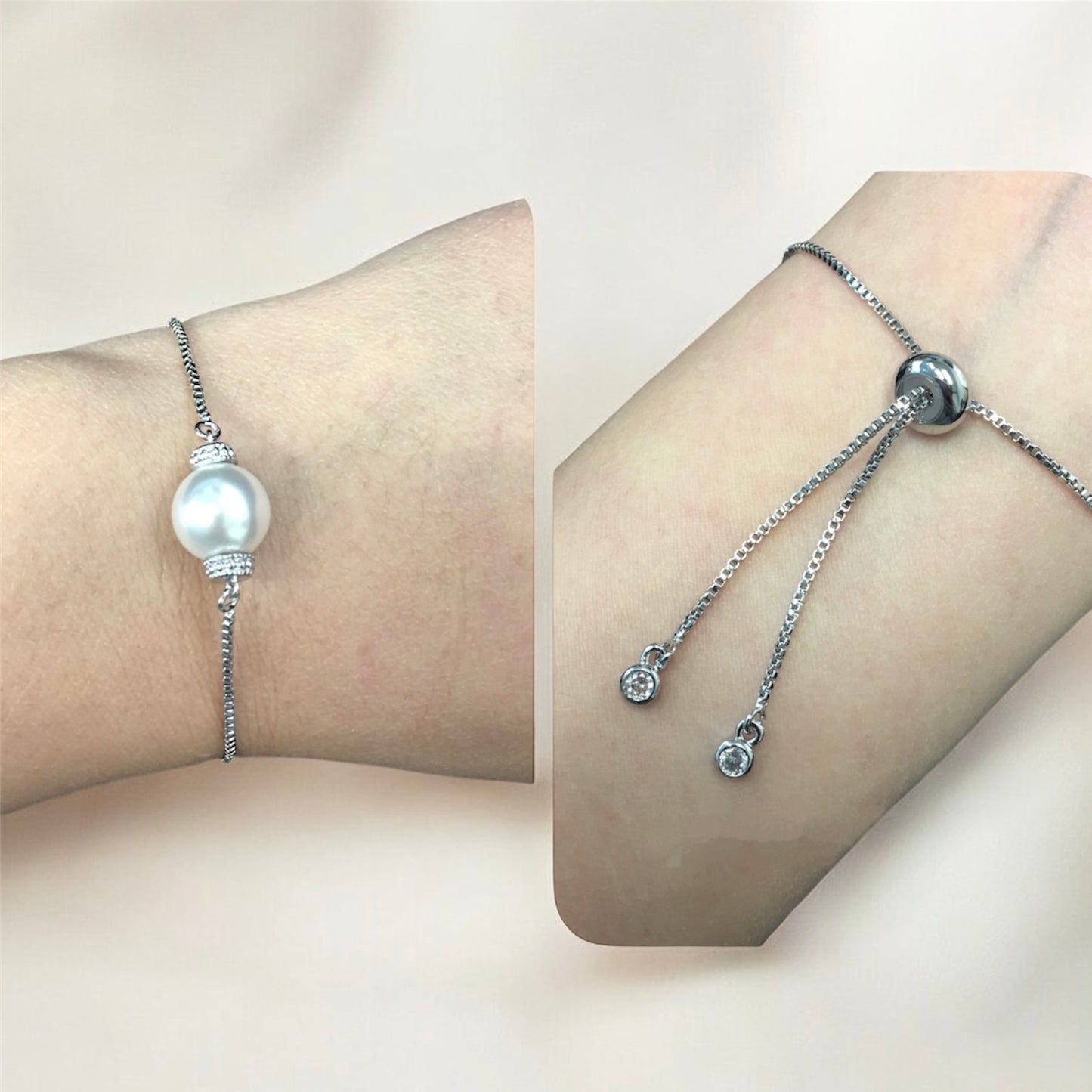 Close-up pearl adjustable bracelet highlighting luminous centerpiece on wrist against a beige background